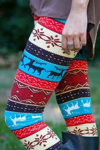 Yoga Waist 5" Blue/Orange Reindeer Nordic Knit Print Leggings